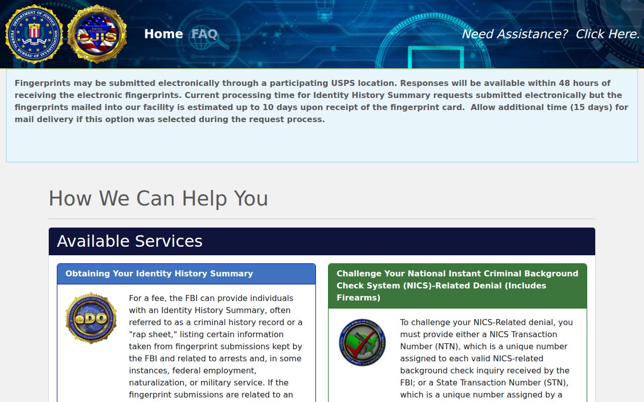 Franklin Township criminal history request through the FBI electronic order portal