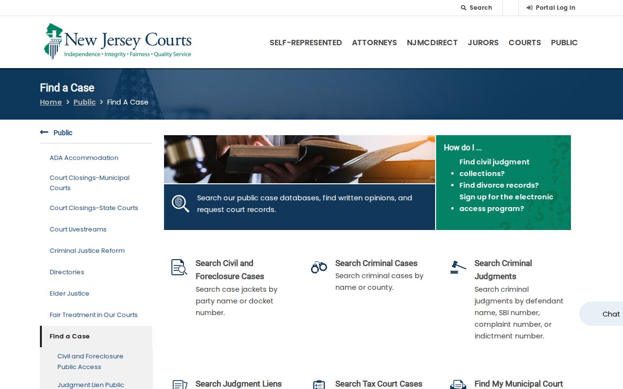 New Jersey Courts case directory for Somerset County criminal history searches